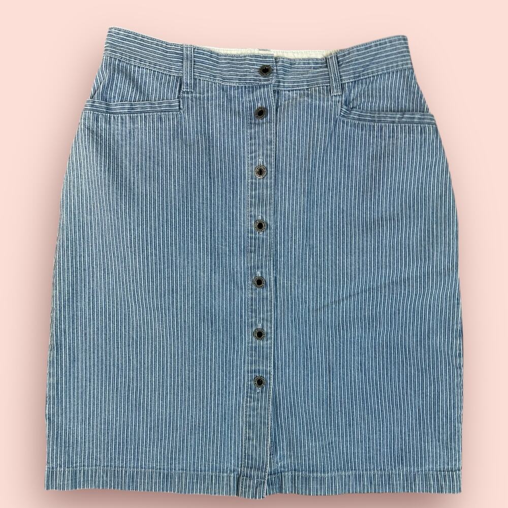 Vintage Button Down Denim Striped Skirt High Rise Railroad Stripe Medium Boho